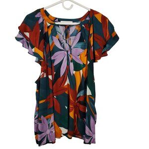 Eloquii Elements Womens Size 26 Colorful Floral Tropical Blouse with Ruffle Tie